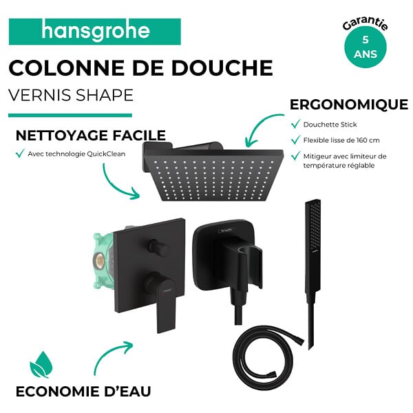 HANSGROHE - Colonne de douche encastrée mécanique Vernis Shape Douche de tête Vernis Shape Flexible Isiflex Douchette PulsifyE noir - large