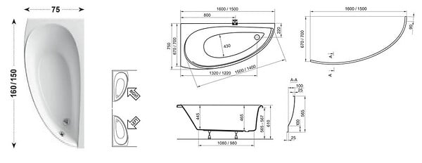 RAVAK - Avocado Ensemble Baignoire d'angle gain de place, orientation gauche 150 x 75 cm en acrylique, Blanc + Tablier 150 cm + Pieds - large