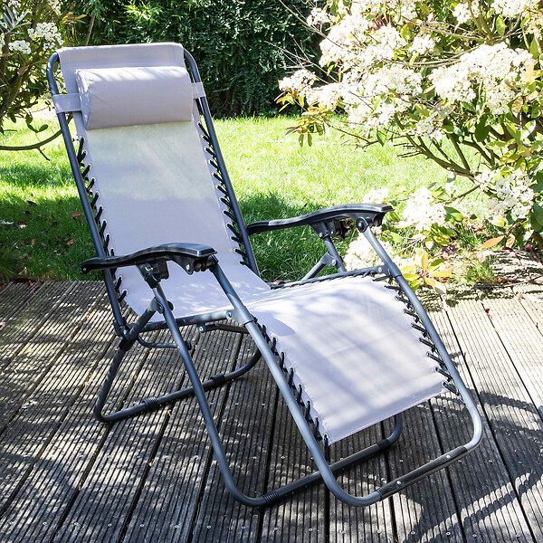 OVIALA - Fauteuil relax de jardin en acier et textilène inclinable taupe - Monaco - large
