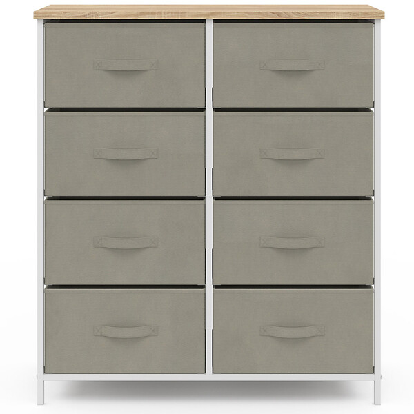 ID MARKET - Commode 8 tiroirs en tissu ALTA 80 cm gris clair et plateau effet bois design industriel - large
