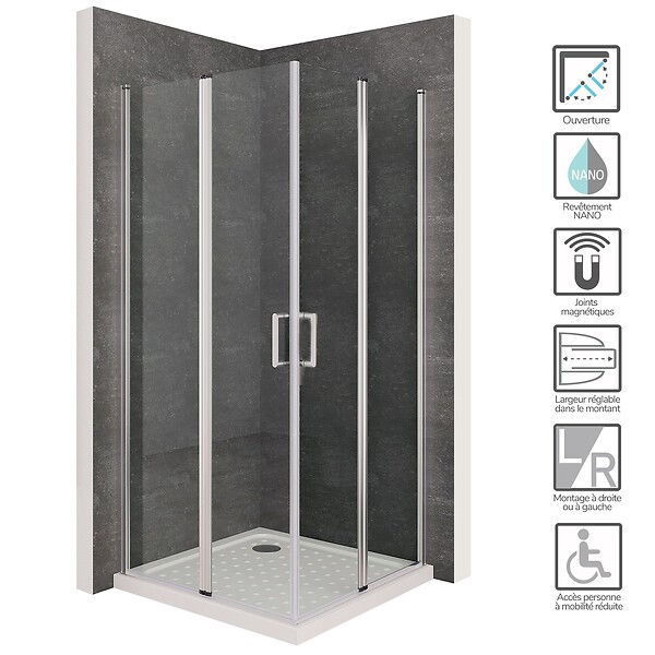 SANIVERRE - SOFIA Cabine de douche 70 x 70 cm H.180 pivotante verre 6mm transparent, chromé - large