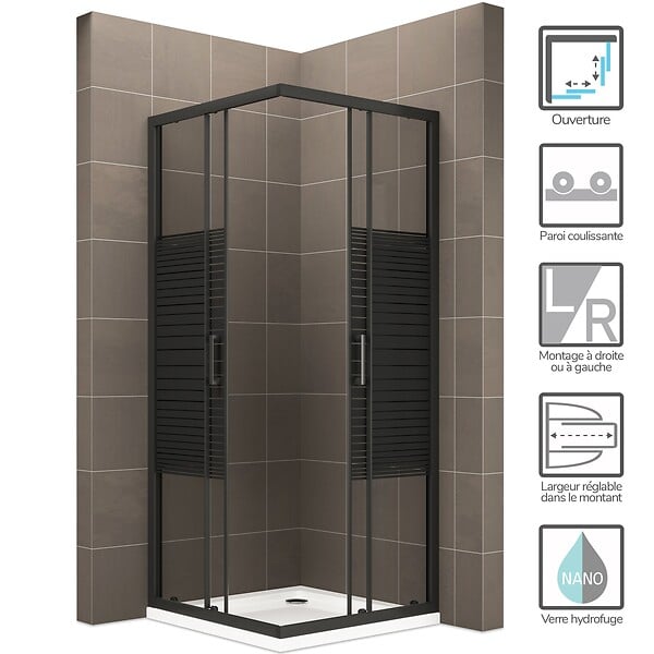 SANIVERRE - BOHA-LINE Cabine de douche d'angle H.190 85x90 cm verre sérigraphié ligne noire 6mm, portes coulissantes - large