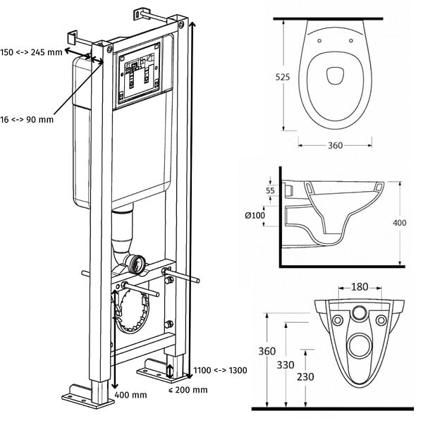 SIAMP - Pack WC Suspendu Bâti-support Universel Siamp avec Cuvette Sans Bride Erina - large