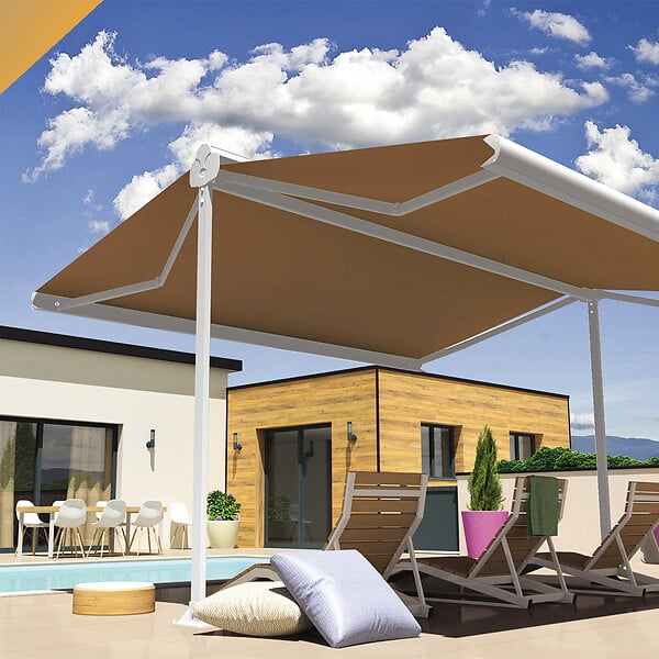INTERSUN - Store banne double pente ENARGITE 4,00x2x2,00 M (Motorisé à Télécommande - Blanc satiné RAL9010 - Taupe 250g/m²) - large
