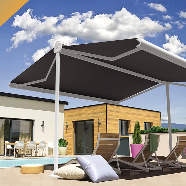 INTERSUN - Store banne double pente ENARGITE 4,00x2x2,00 M (Manuelle - Blanc satiné RAL9010 - Gris foncé 250g/m²) - large