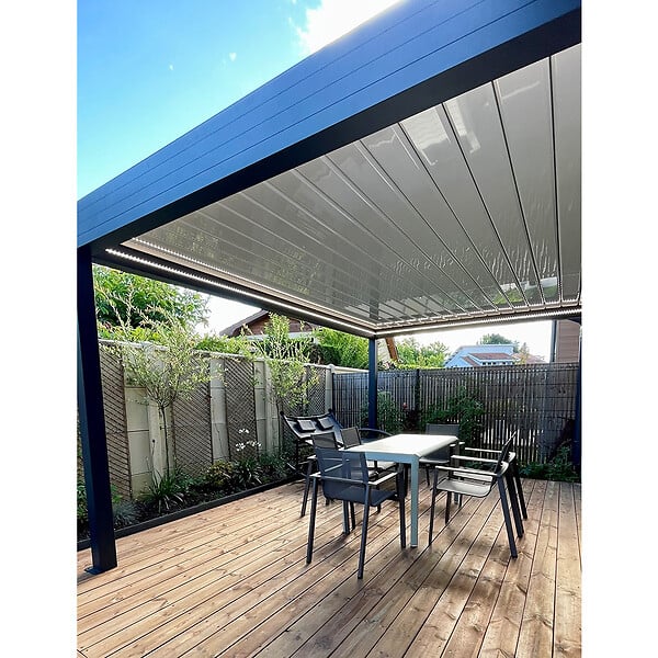 INTERSUN - Pergola bioclimatique SPINELLE 4,50x6,037 M Double vérin à Télécommande (Double vérin à Télécommande + LED - Mixte : Armature Gris anthracite structuré RAL7016ST / Lames Blanc satiné RAL9010) - large