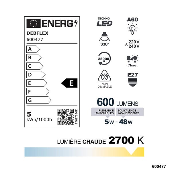 DEBFLEX - AMPOULE A60 FILAMENT VERRE TRANSPARENT E27 5W 2700K 600LM - large