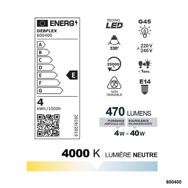 DEBFLEX - AMPOULE G45 FILAMENT VERRE BLANC E14 4W 4000K 470LM - large