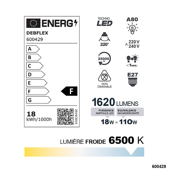 DEBFLEX - AMPOULE A70 SMD VERRE BLANC E27 18W 6500K 1620LM - large