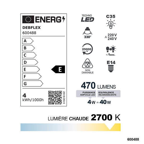 DEBFLEX - AMPOULE C35 FILAMENT VERRE BLANC E14 4W 2700K 470LM - large