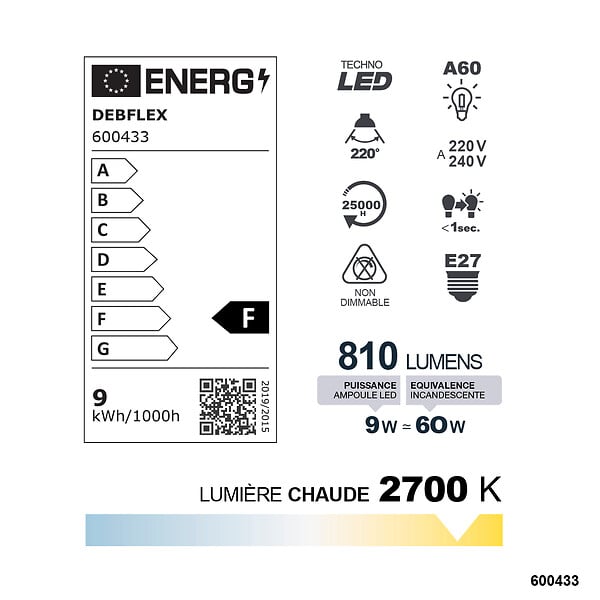 DEBFLEX - AMPOULE A60 SMD VERRE BLANC E27 9W 2700K 810LM - large