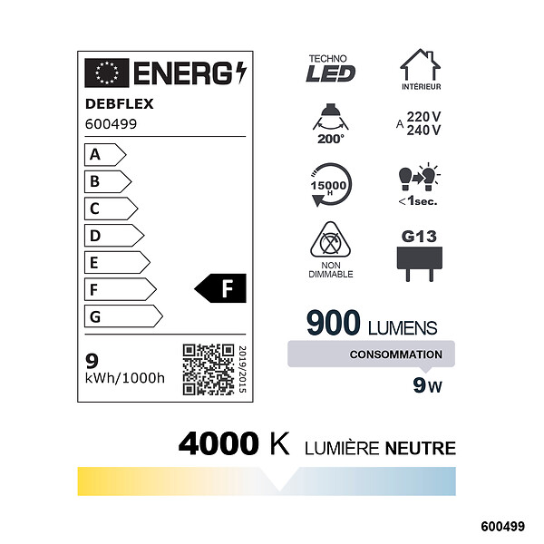 DEBFLEX - TUBE LED T8 600MM SMD G13 9W 4000K 900LM - large