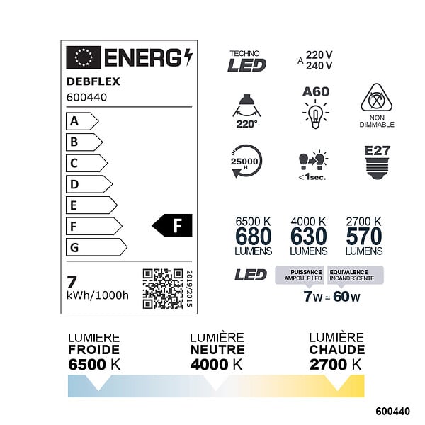 DEBFLEX - AMPOULE A60 SMD VERRE BLANC E27 7W TRIMAX 630LM - large