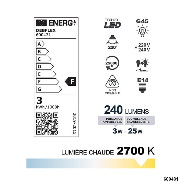 DEBFLEX - AMPOULE G45 SMD VERRE BLANC E14 3W 2700K 240LM - large