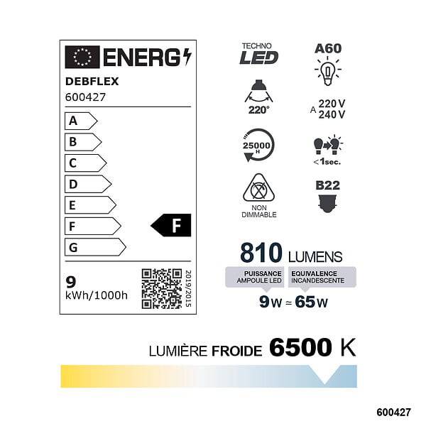 DEBFLEX - AMPOULE A60 SMD VERRE BLANC B22 9W 6500K 810LM - large