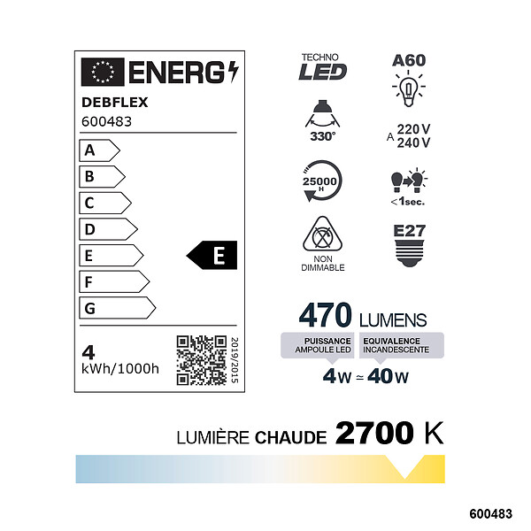 DEBFLEX - AMPOULE A60 FILAMENT VERRE BLANC E27 4W 2700K 470LM - large