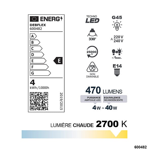 DEBFLEX - AMPOULE G45 FILAMENT VERRE BLANC E14 4W 2700K 470LM - large