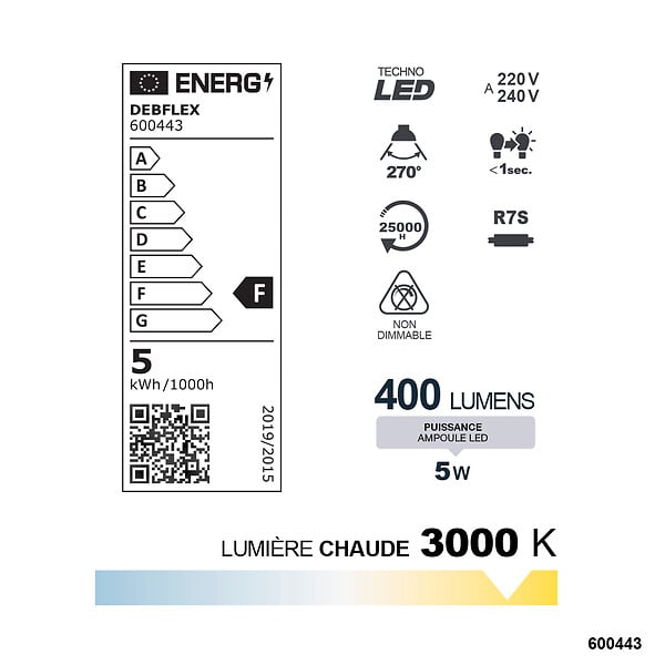 DEBFLEX - CRAYON LED 78MM SMD VERRE TRANSPARENT R7S 5W 3000K 400LM - large