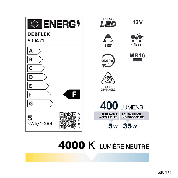 DEBFLEX - AMPOULE SPOT MR16 SMD VERRE TRANSPARENT GU5.3 5W 4000K 400LM - large