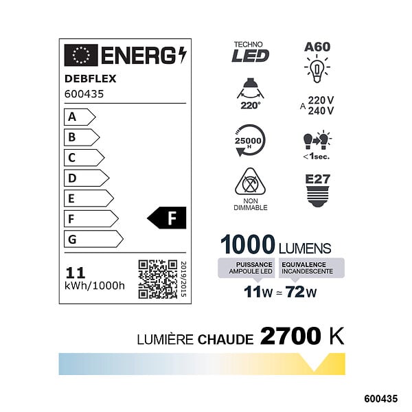 DEBFLEX - AMPOULE A60 SMD VERRE BLANC E27 11W 2700K 1000LM - large
