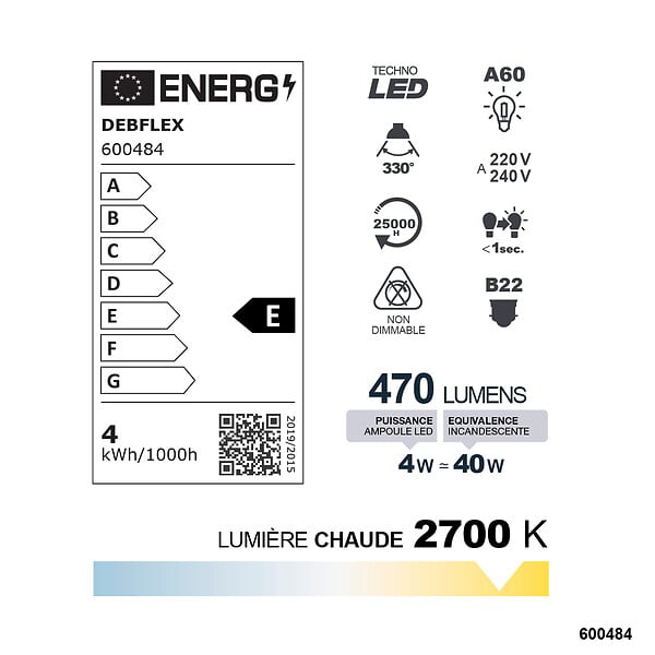 DEBFLEX - AMPOULE A60 FILAMENT VERRE BLANC B22 4W 2700K 470LM - large