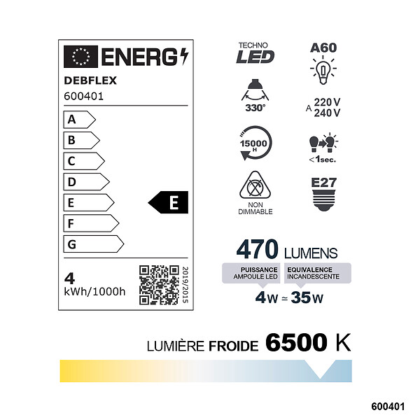 DEBFLEX - AMPOULE A60 FILAMENT VERRE BLANC E27 4W 6500K 470LM - large
