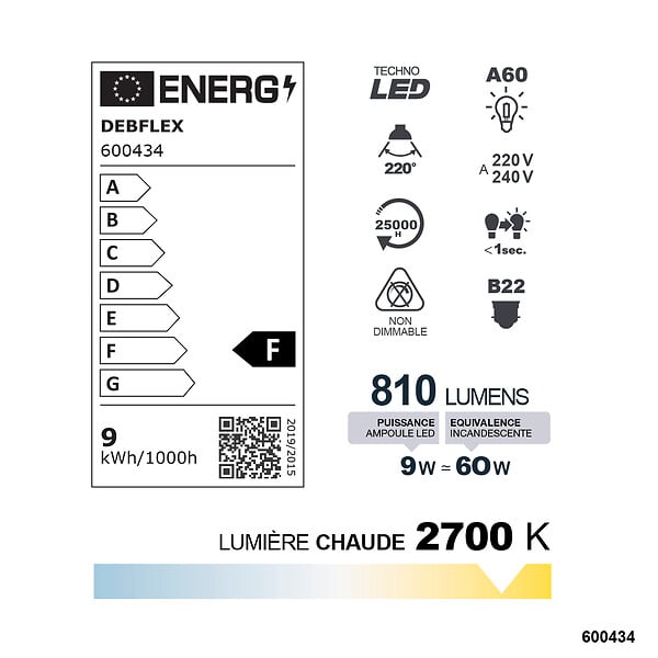 DEBFLEX - AMPOULE A60 SMD VERRE BLANC B22 9W 2700K 810LM - large