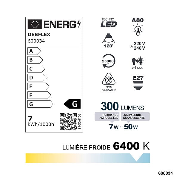 DEBFLEX - AMPOULE A80 ANTI COUPURE VERRE BLANC E27 7W 6400K 300LM - large