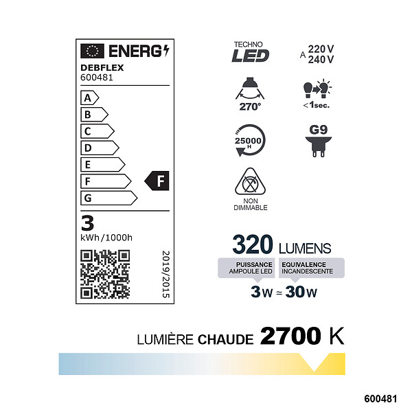 DEBFLEX - AMPOULE SMD TRANSPARENT G9 3W 2700K 320LM - large
