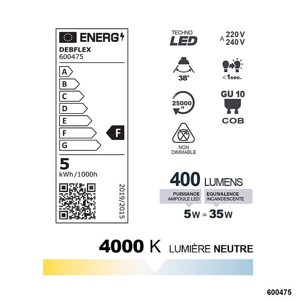 DEBFLEX - AMPOULE SPOT SMD VERRE TRANSPARENT GU10 VARIABLE 5W 4000K 400LM - large