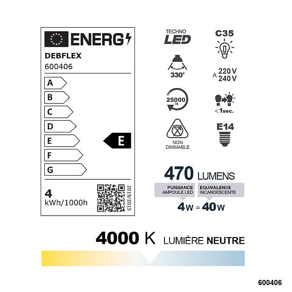 DEBFLEX - AMPOULE C35 FILAMENT VERRE BLANC E14 4W 4000K 470LM - large