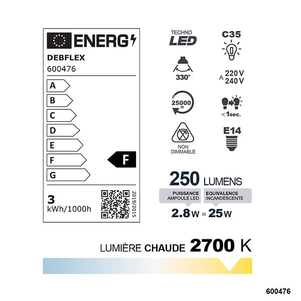 DEBFLEX - AMPOULE C35 FILAMENT VERRE TRANSPARENT E14 2,8W 2700K 250LM - large