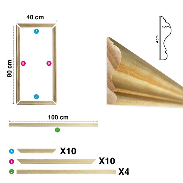 99DECO - Kit de 5 moulures murales en bois Pin des Landes - Prêt à coller et peindre - Claudine - 4 mètres - large