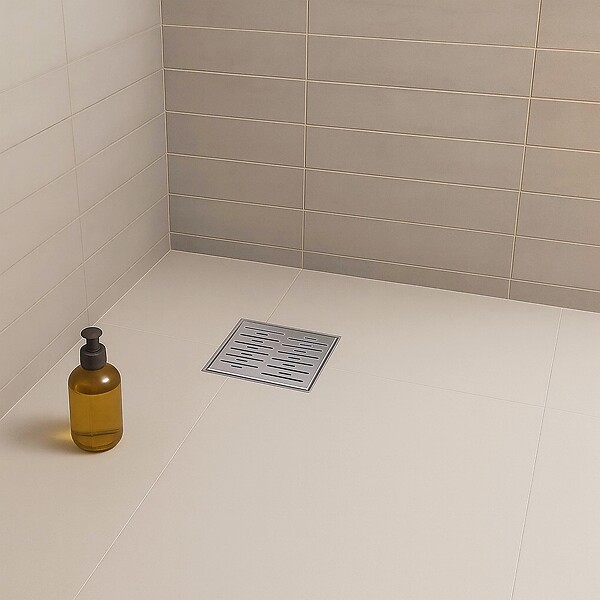 SANIVERRE - FIZEO Caniveau de douche carré motif strié 20 x 20 cm siphon anti-odeurs, drainage 36l/min, hauteur réglable - large