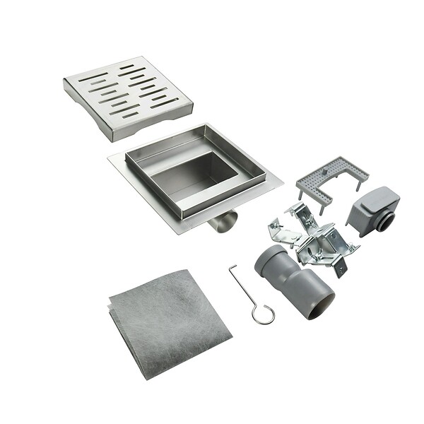 SANIVERRE - FIZEO Caniveau de douche carré motif strié 20 x 20 cm siphon anti-odeurs, drainage 36l/min, hauteur réglable - large