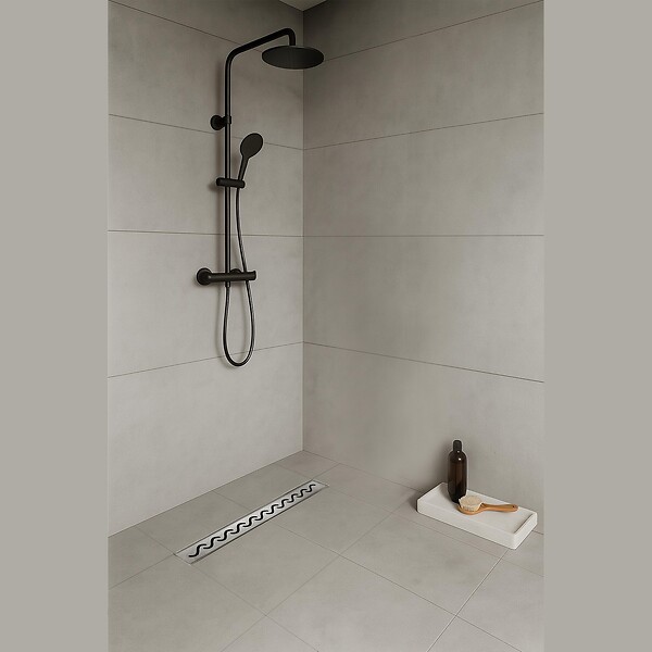 SANIVERRE - VAGO Caniveau de douche motif en vague L.100 cm acier inoxydable, siphon anti-odeurs à débit élevé - large