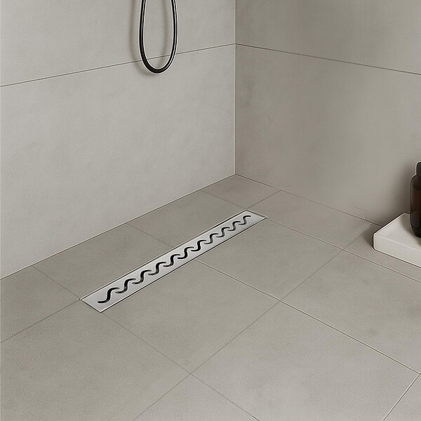 SANIVERRE - VAGO Caniveau de douche motif en vague L.100 cm acier inoxydable, siphon anti-odeurs à débit élevé - large