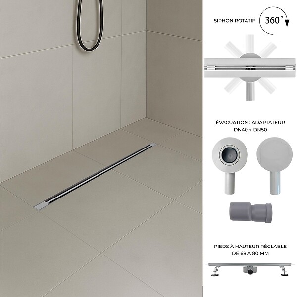 SANIVERRE - DEKI Caniveau de douche italienne slim L.110 cm acier inoxydable avec siphon 360°, drainage performant - large