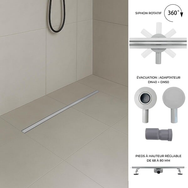 SANIVERRE - TIKA Caniveau de douche italienne compact L.100 cm acier inoxydable avec siphon 360°, drainage 36l/min - large
