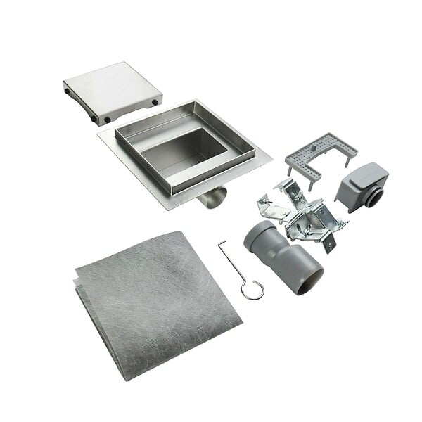 SANIVERRE - CARA Caniveau de douche carré inox 20 x 20 cm avec siphon anti-odeurs, drainage 36l/min, hauteur réglable - large