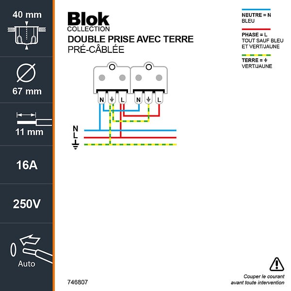 DEBFLEX - BLOK DOUBLE PRISE DE COURANT 2P+T SAILLIE BLANC - large