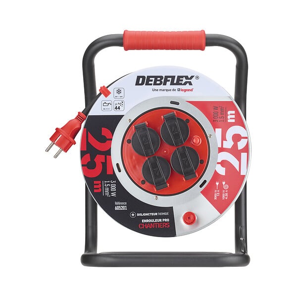 DEBFLEX - DEBFLEX - ENROULEUR METAL HO7RN-F 3G1,5 4 PRISES ETANCHES IP44 25M - 605201 - large