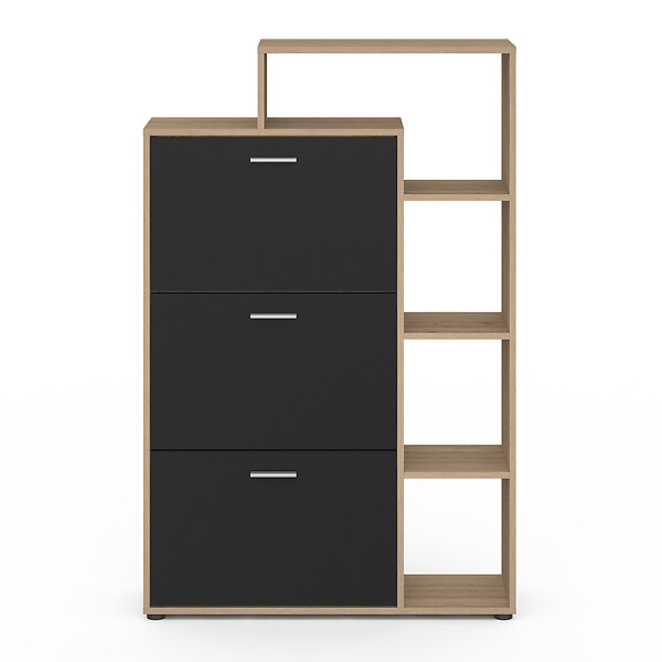ID MARKET - Meuble à chaussures 18 paires KLARK imitation hêtre 3 portes noires avec étagère - large