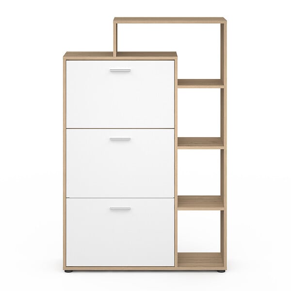 ID MARKET - Meuble à chaussures 18 paires KLARK imitation hêtre 3 portes blanches avec étagère - large