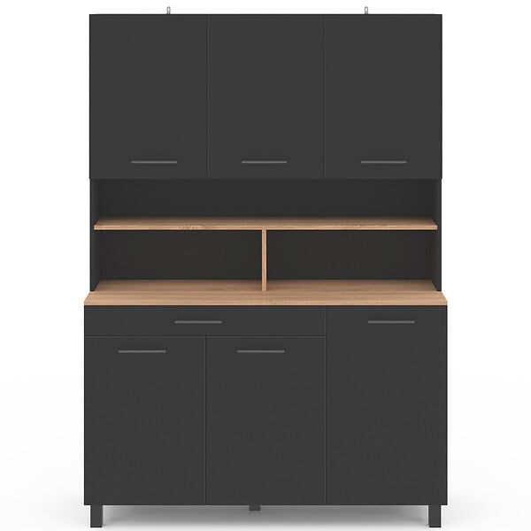ID MARKET - Buffet de cuisine 120 cm CINA 6 portes + tiroir noir et plateaux façon hêtre - large