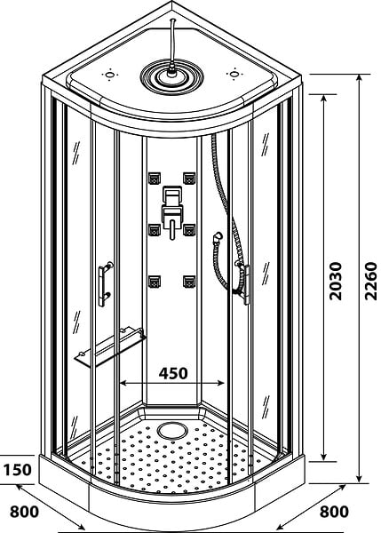 ONDEE - Cabine de douche hydromassante MERIDA - Porte coulissante - quart de cercle 80cm - large