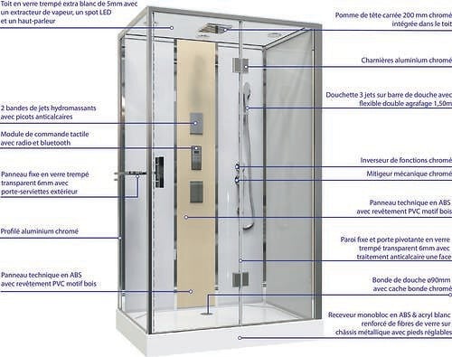 ONDEE - Cabine de douche hydromassante radio et Bluetooth SÖREN SLIM - 140x80cm - Chromé - large