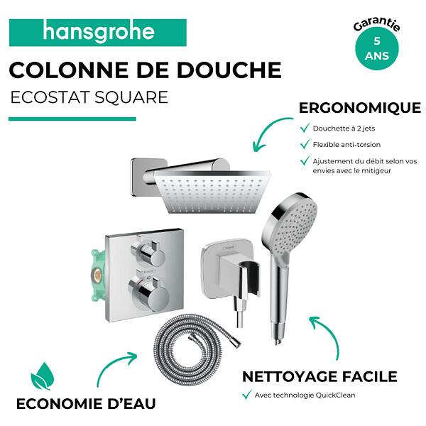 HANSGROHE - Colonne douche thermostatique Ecostat Square Douche de tête Vernis Shape Flexible Metaflex Douchette Vernis Blend chromé - large