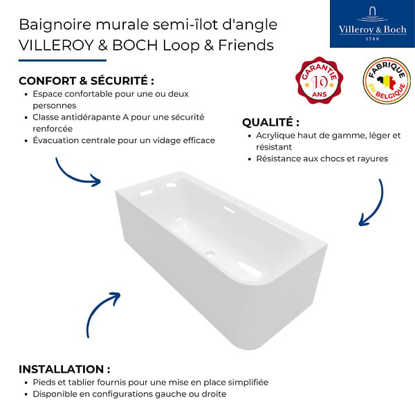 VILLEROY ET BOCH - Baignoire semi-îlot d'angle Loop & Friends version droite avec bonde blanche et trop-plein chromé - large