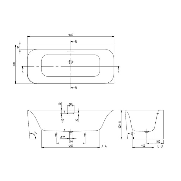 VILLEROY ET BOCH - Baignoire semi-îlot d'angle Loop & Friends version droite avec bonde et trop-plein blanc - large